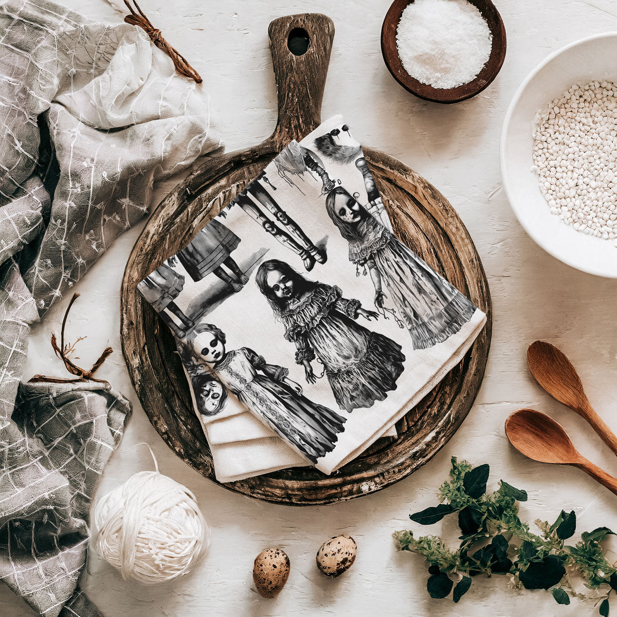 spooky porcelain doll dish towel for nightmare nursery décor
haunted toy collection halloween towel
dark halloween kitchen towel with eerie children’s dolls