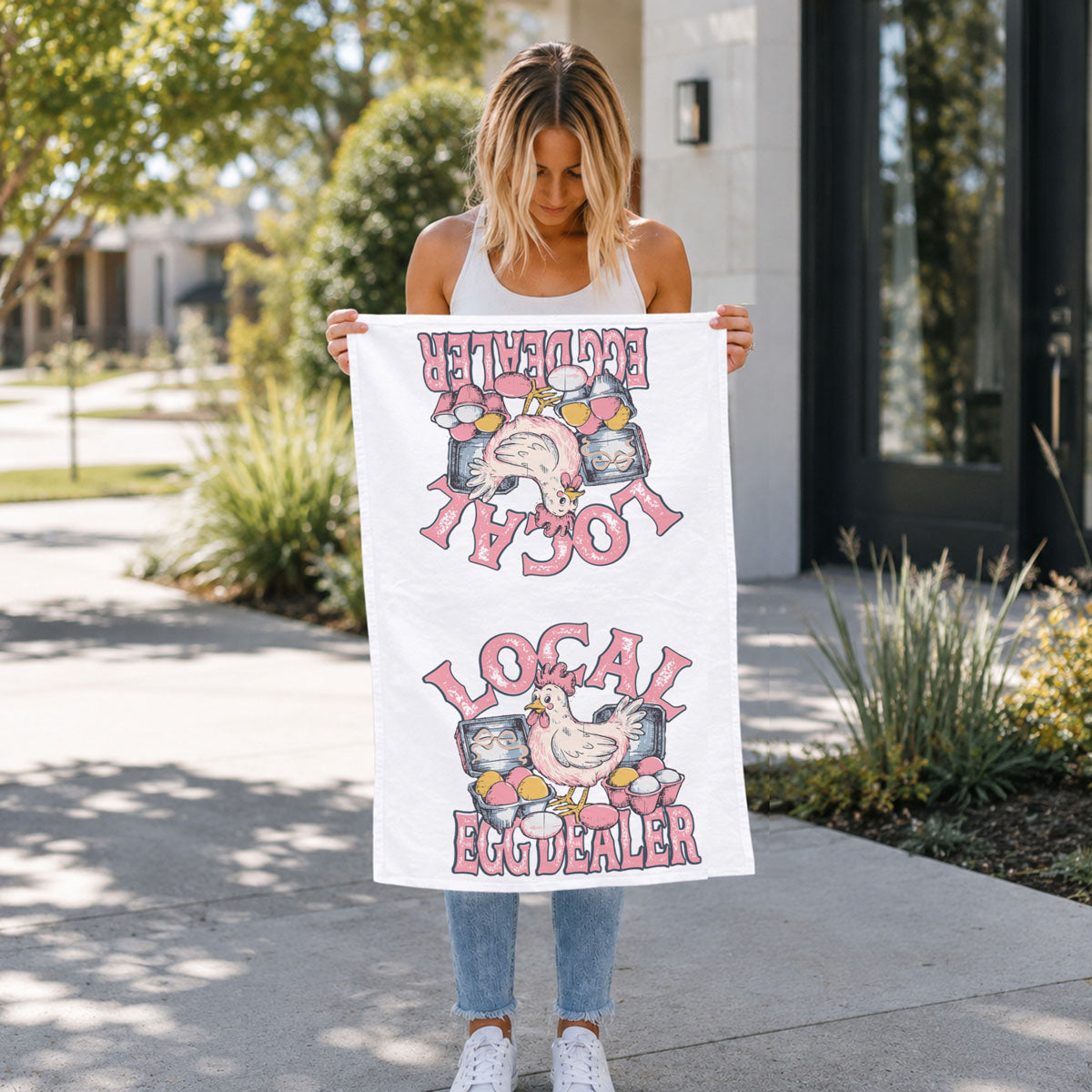 Farm fresh egg business kitchen towel chicken spring
Chicken keeper pride Easter towel egg dealer humor
Backyard farm decor kitchen towel chicken eggs
Homestead kitchen decor Easter towel egg dealer