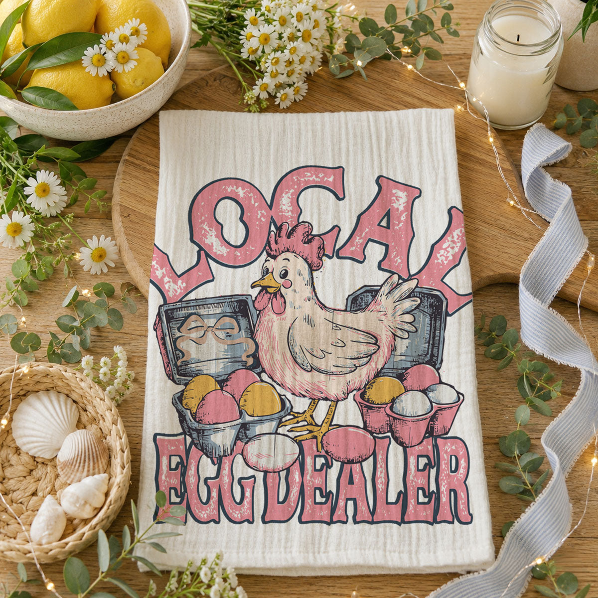 Pink lettering chicken kitchen towel egg dealer Easter
Retro typography farm towel chicken eggs spring
Denim overalls chicken kitchen towel egg dealer humor
Colorful eggs kitchen towel chicken farm Easter design
rustic spring egg dealer tea towel
easter gift idea for farm mom