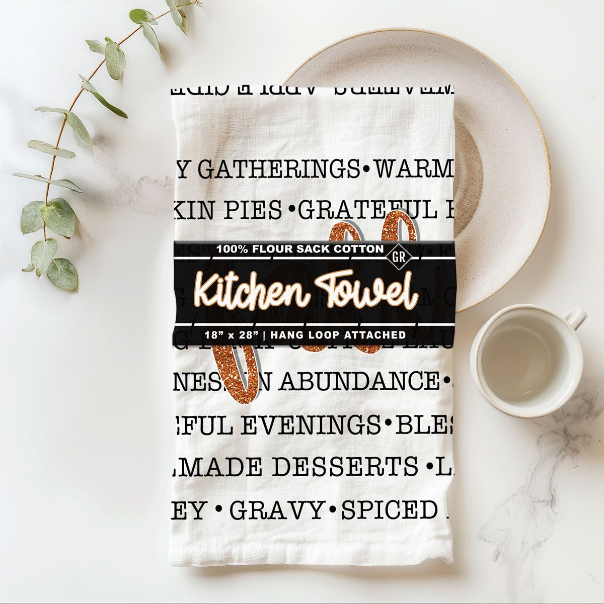 thanksgiving dish towel with fall phrases and typography
fall kitchen decor towel hanging on oven handle
Farmhouse fall words towel 
rustic fall photography with towel and black wood wall
