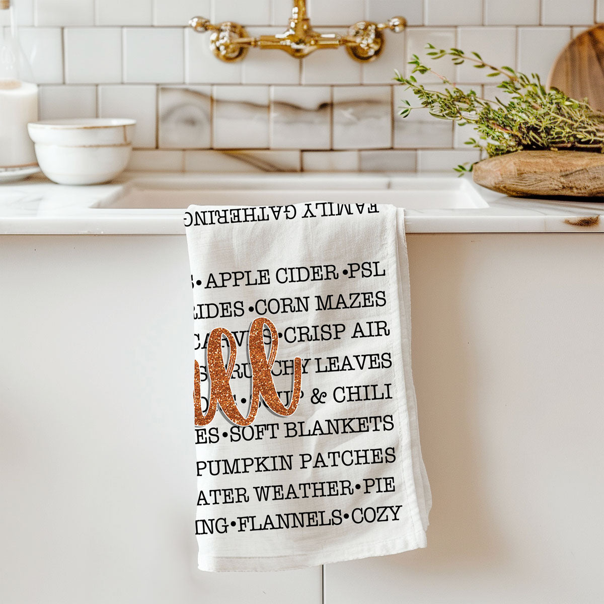 fall décor towel with cozy sweaters bonfires hayrides words
autumn word list kitchen towel for rustic home
fall typography towel cottage farmhouse
cozy season kitchen towel with fall favorites printed