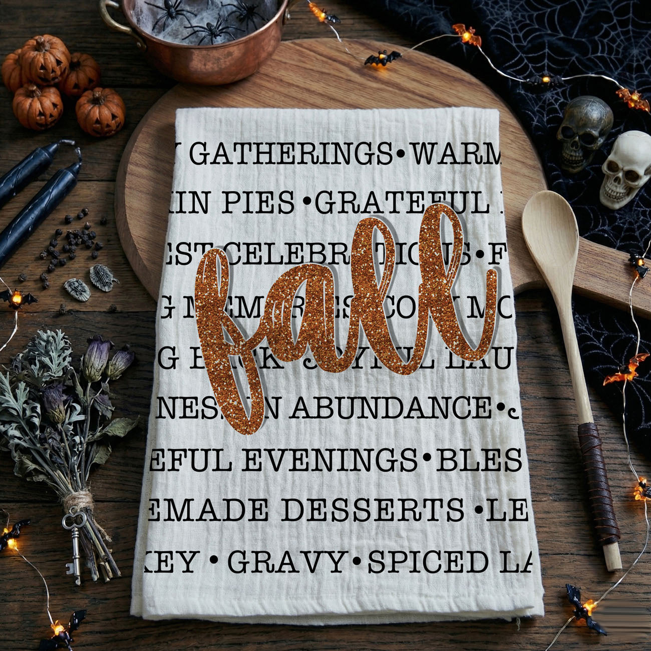 fall words kitchen towel for autumn home décor
cozy fall typography towel for farmhouse kitchen
autumn word art dish towel for seasonal decorating
fall phrases cotton hand towel for thanksgiving hosting