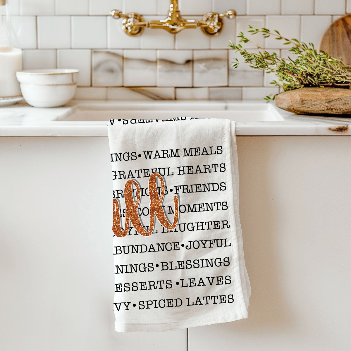 fall phrase dish towel for oven door décor
minimal white fall towel with scripted fall and word collage
autumn sayings flour sack towel for seasonal kitchen styling