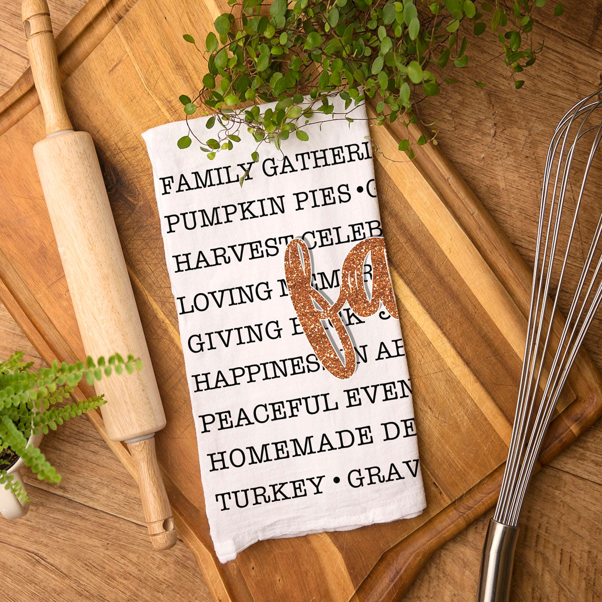 fall text tea towel for pumpkin spice coffee bar
farmhouse style fall kitchen towel with black lettering
thanksgiving hostess gift fall words cotton towel