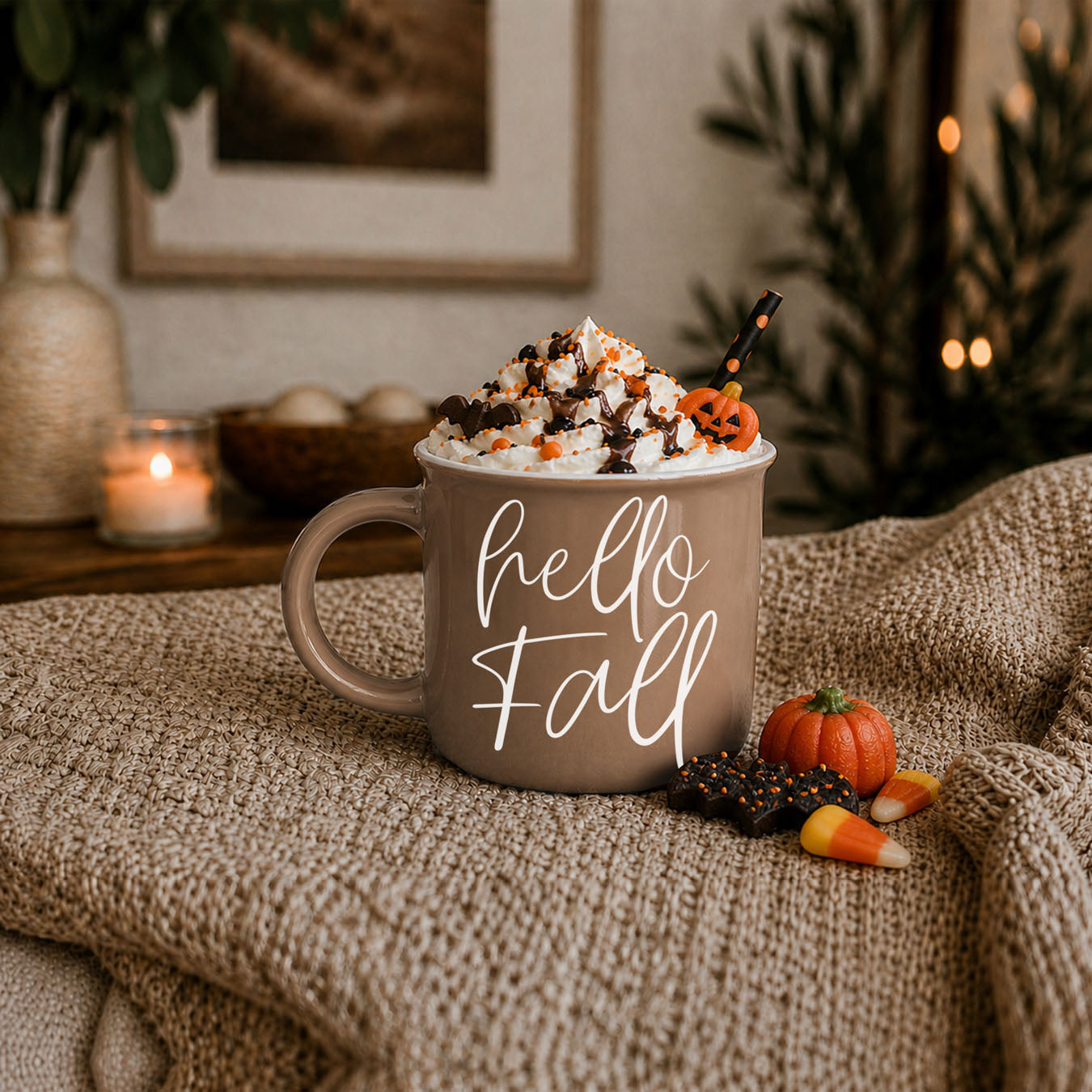 hello fall mug on cozy fall coffee bar
neutral hello fall coffee cup with pumpkins
hello fall autumn mug next to sweater and book
hello fall ceramic mug for pumpkin spice latte
hello fall mug in farmhouse kitchen decor
hello fall script mug on wooden tray