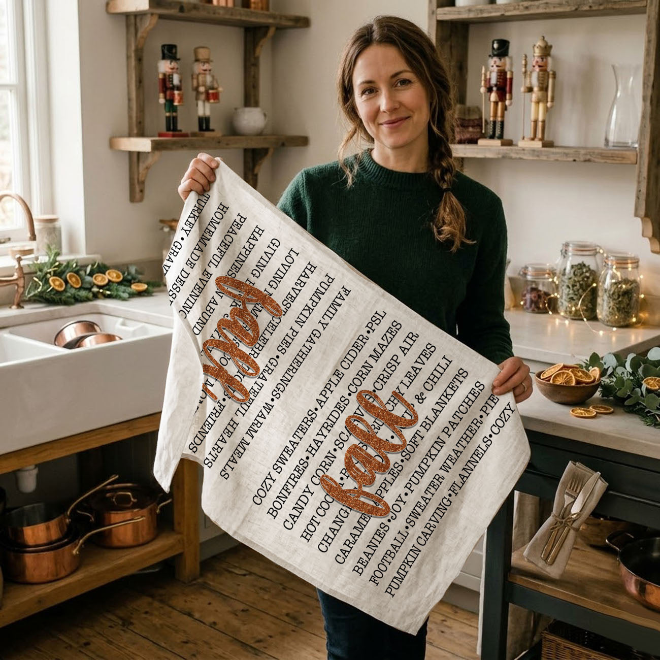  Makes an easy fall hostess gift or housewarming present for anyone who loves sweaters, cider and all things cozy
fall season cotton towel listing cozy autumn activities
pumpkin spice season kitchen towel with fall script