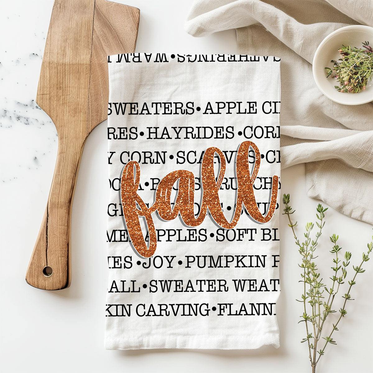neutral white fall word towel for modern kitchen décor
autumn sayings flour sack towel for coffee bar styling
cozy home fall décor with typography kitchen towel