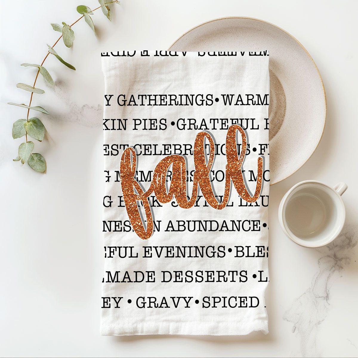 autumn gifting idea fall words towel with candle and mug
fall quote tea towel perfect for cozy cottage kitchen
autumn celebration towel listing pies cider and bonfires
fall kitchen linens set featuring word art towel