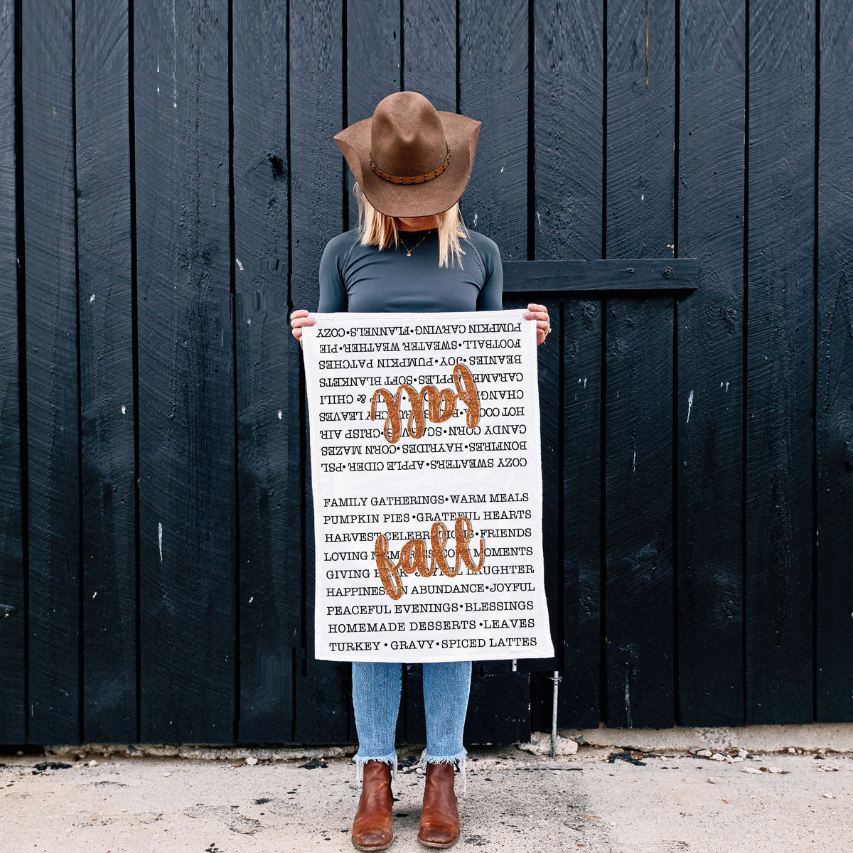 rustic farmhouse fall towel with seasonal sayings print
fall kitchen décor set featuring word art cotton towel
autumn baking station with cozy words kitchen towel