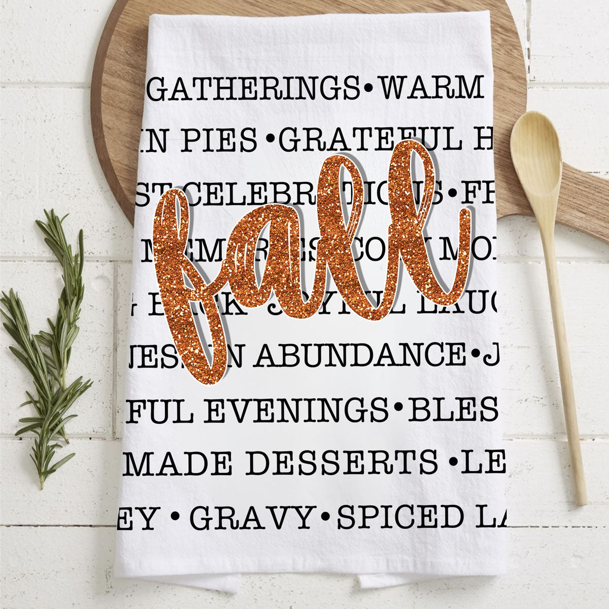 autumn typography hand towel for thanksgiving kitchen
fall themed cotton towel with modern black lettering
cozy sweater weather fall kitchen towel accent
minimalist fall word print towel with glitter script overlay