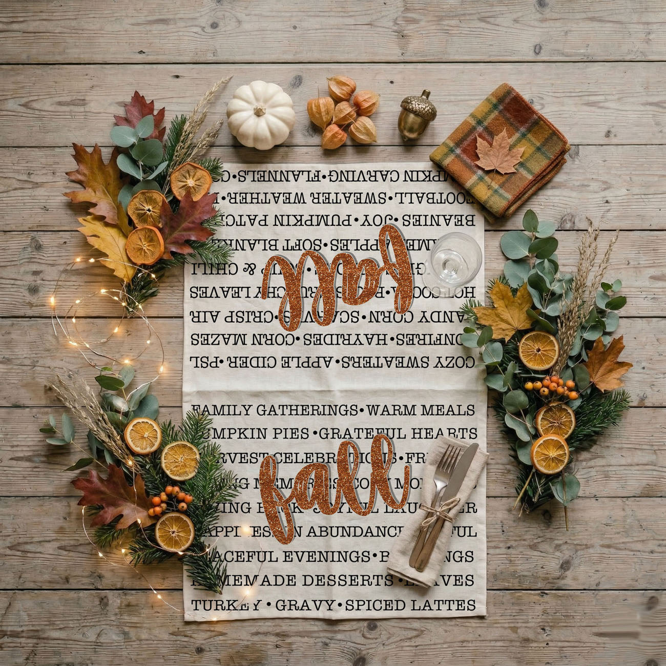 autumn décor flatlay with fall phrases cotton hand towel
fall text towel for seasonal shelf styling in pantry or kitchen
fall words flour sack kitchen towel
autumn typography dish towel with cozy phrases
fall kitchen towel with words sweater weather pumpkin patch