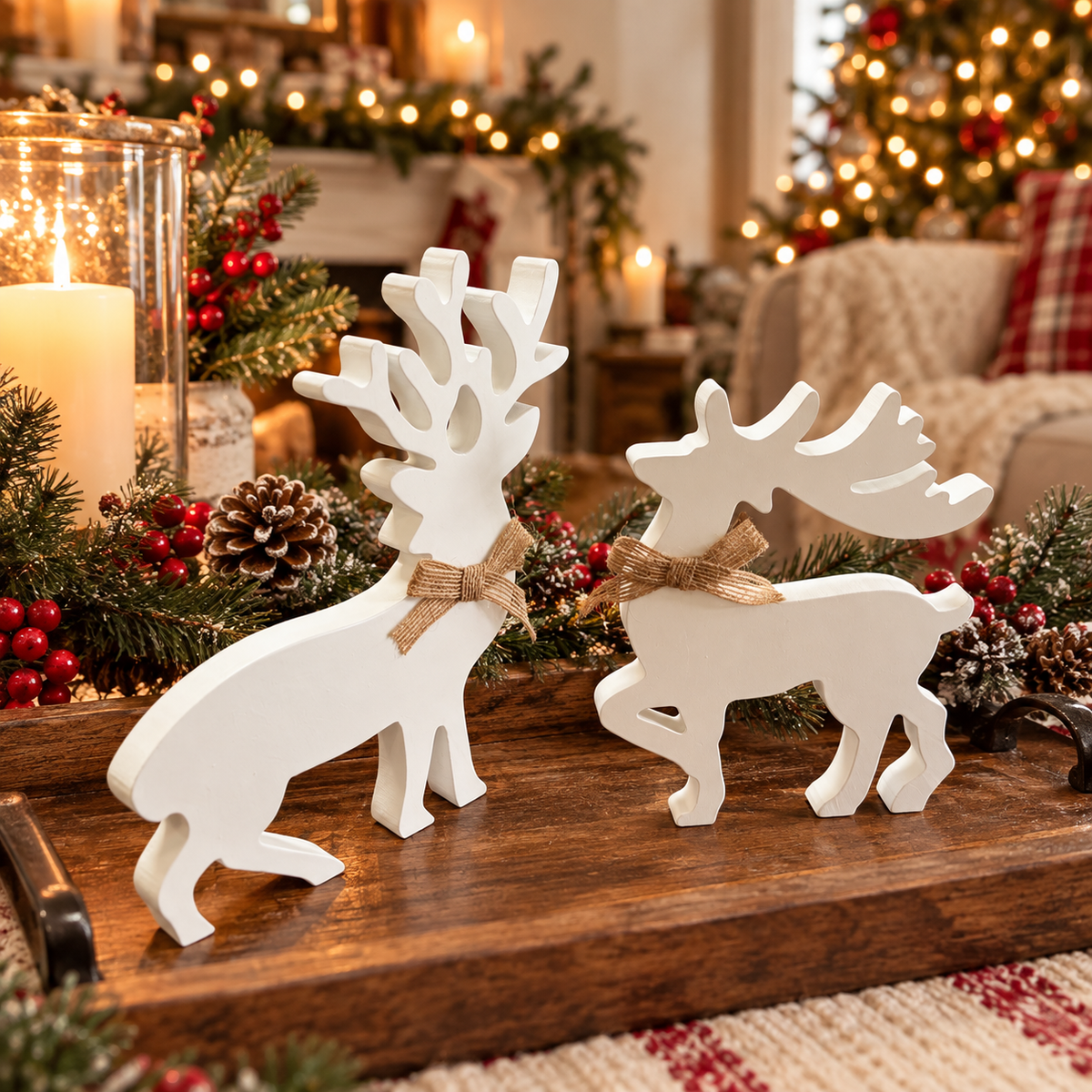 farmhouse wooden deer Christmas decorations
neutral white Christmas tabletop decor
wooden reindeer holiday centerpiece decor
Christmas reindeer decorations for coffee table