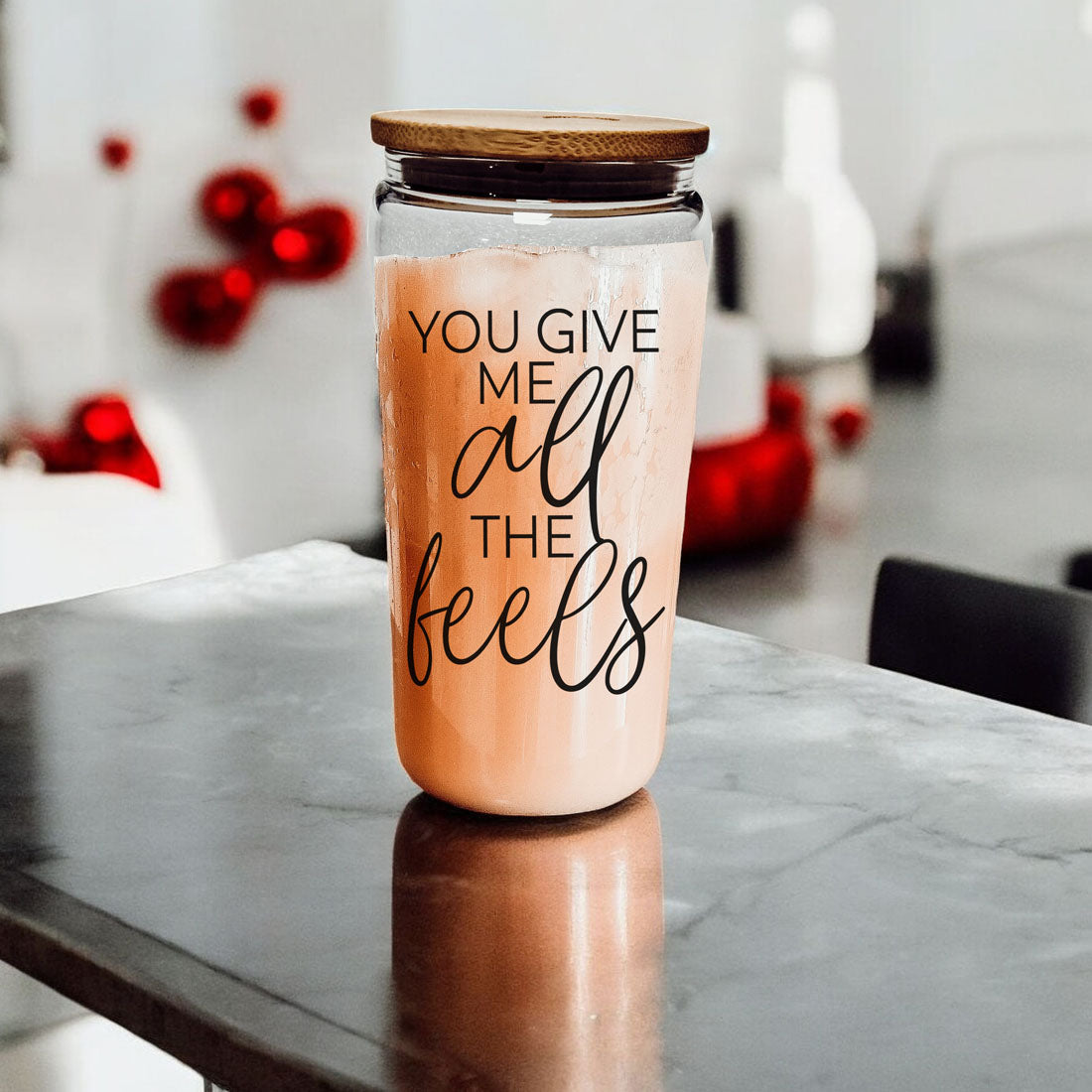 Romantic 20oz glass cup with bamboo lid and glass straw, "You Give Me All the Feels".
Charming 20oz glass cup with bamboo lid, glass straw, and "You Give Me All the Feels" design.
20oz glass cup with bamboo lid and glass straw, "You Give Me All the Feels" for Valentine’s Day.