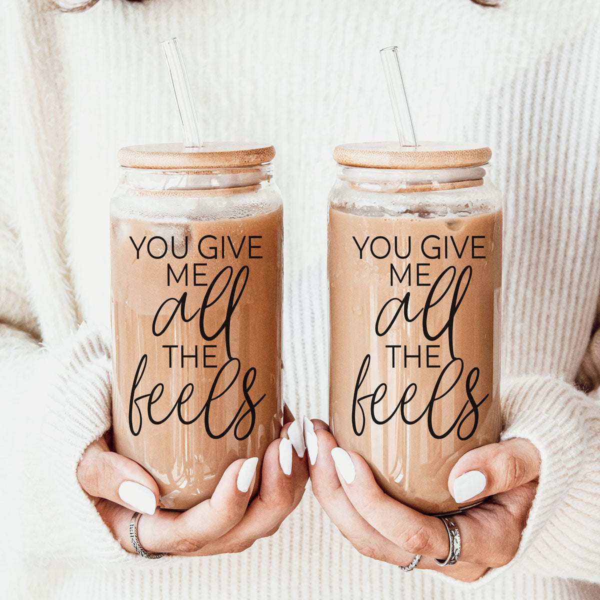 Funny Valentine’s gift for husband, You Give Me All the Feels 20oz glass cup.
Valentine’s Day gift for him, 20oz You Give Me All the Feels glass cup with bamboo lid.