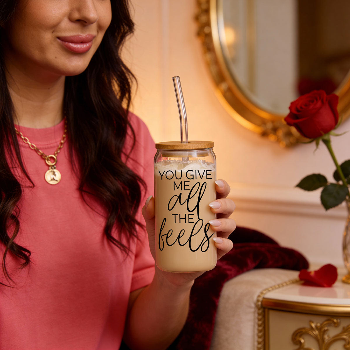 Romantic 20oz glass cup with bamboo lid, straw, and "You Give Me All the Feels" phrase.
"You Give Me All the Feels" 20oz glass cup with bamboo lid and straw for a cute gift.