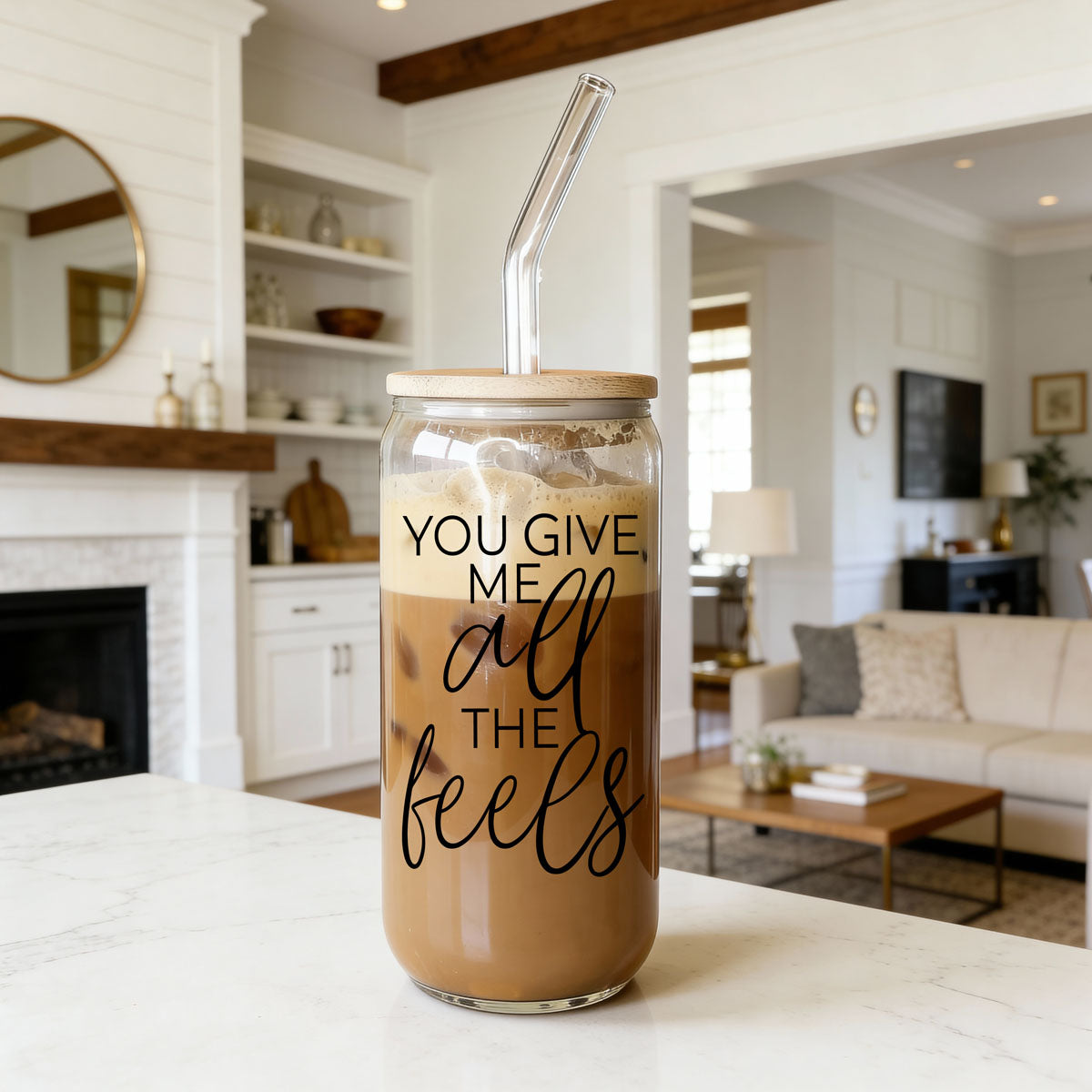 Romantic 20oz glass cup with bamboo lid and glass straw, "You Give Me All the Feels".
Charming 20oz glass cup with bamboo lid, glass straw, and "You Give Me All the Feels" design.
20oz glass cup with bamboo lid and glass straw, "You Give Me All the Feels" for vday