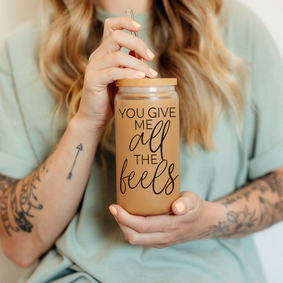 20oz You Give Me All the Feels glass cup with bamboo lid, Galentine’s gift.
Valentine’s Day gift, 20oz bamboo lid glass cup, You Give Me All the Feels.