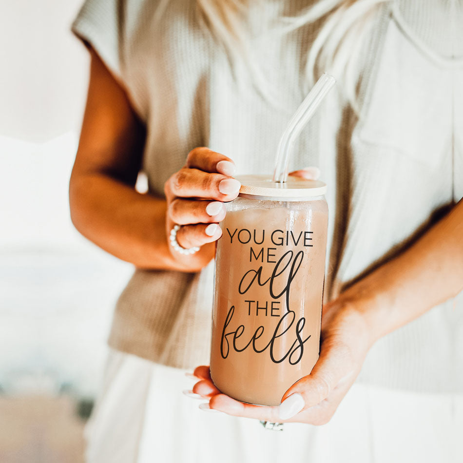 Funny Valentine's Day gift for him, You Give Me All the Feels glass cup with bamboo lid.
You Give Me All the Feels 20oz glass cup with bamboo lid, funny gift for boyfriend.