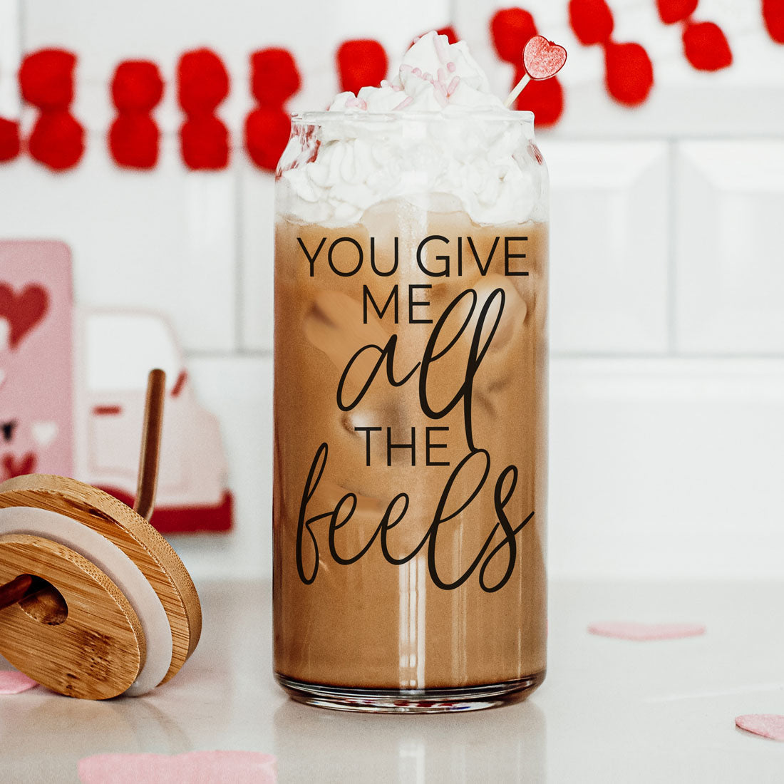 Sweet "You Give Me All the Feels" 20oz glass cup with bamboo lid and glass straw.
20oz glass cup with bamboo lid and glass straw, perfect for expressing your feels.