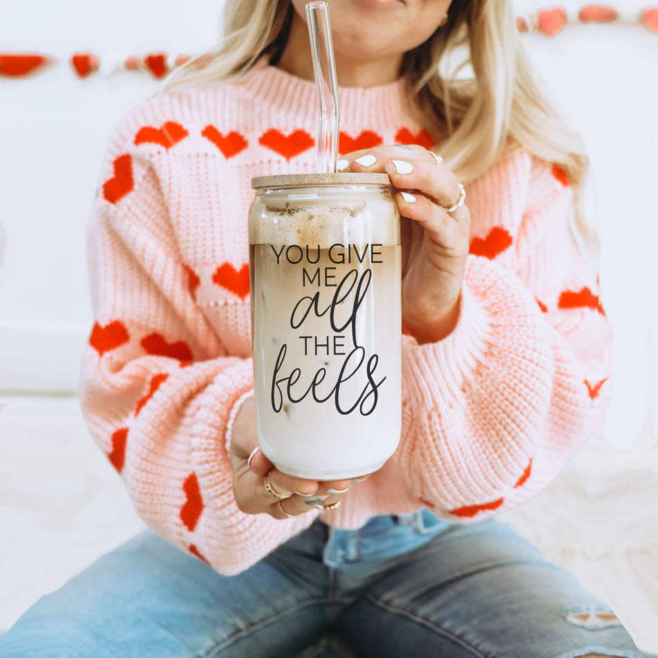 Valentine’s Day glass cup, 20oz, You Give Me All the Feels with bamboo lid.
20oz bamboo lid glass cup, You Give Me All the Feels for Galentine’s gift.
You Give Me All the Feels 20oz glass cup with bamboo lid for funny V-Day gifts.