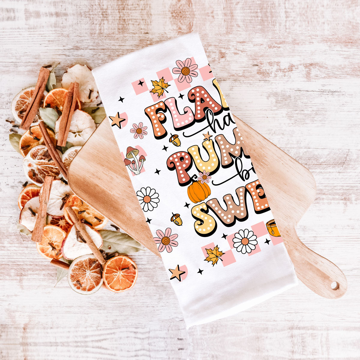 retro pink fall kitchen towel for dorm or apartment
pumpkin spice pink tea towel for latte bar setup
boho chic fall towel with pink flowers and mugs
pink retro autumn towel for farmhouse coffee bar