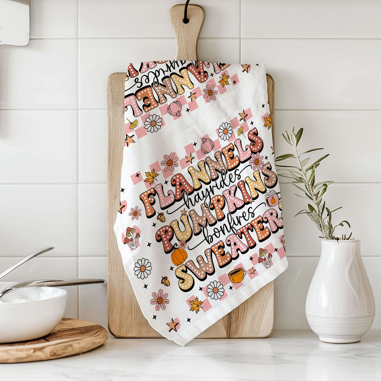 fall hostess gift pink retro flannels and pumpkins towel
seasonal kitchen décor towel for hayrides and bonfire nights
modern farmhouse fall towel with pink retro fonts
fall apartment décor towel girly pink pumpkin design
pink and cream fall lettering towel for chic fall décor