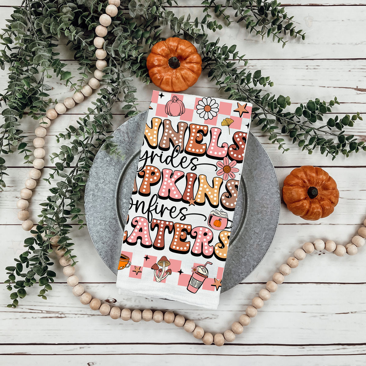 pink sweater weather towel for autumn and spooky season
playful pink fall kitchen towel with pumpkins and stars
trendy pink fall bar cart towel for halloween parties
pink and tan fall towel for girls’ kitchen