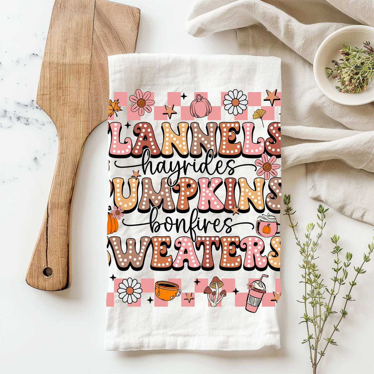 fall gift idea pink retro typography kitchen towel
whimsical fall kitchen towel with flowers stars and pumpkins
pink checkered border fall towel with cozy season icons
aesthetic fall towel for cottagecore and retro home décor
pink cozy season towel for flannels pumpkins and sweaters décor