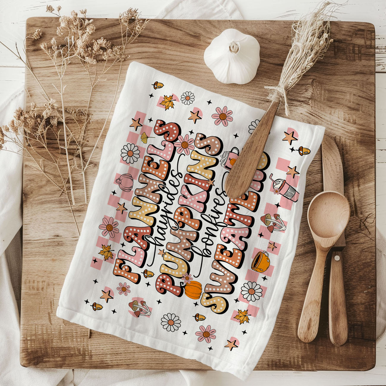 fall favorites pink kitchen towel flannels pumpkins bonfires
feminine fall décor towel with bubbly letters 
pink fall kitchen accent towel 
trendy fall towel in pink tones for modern kitchen
pink retro fall gift towel 