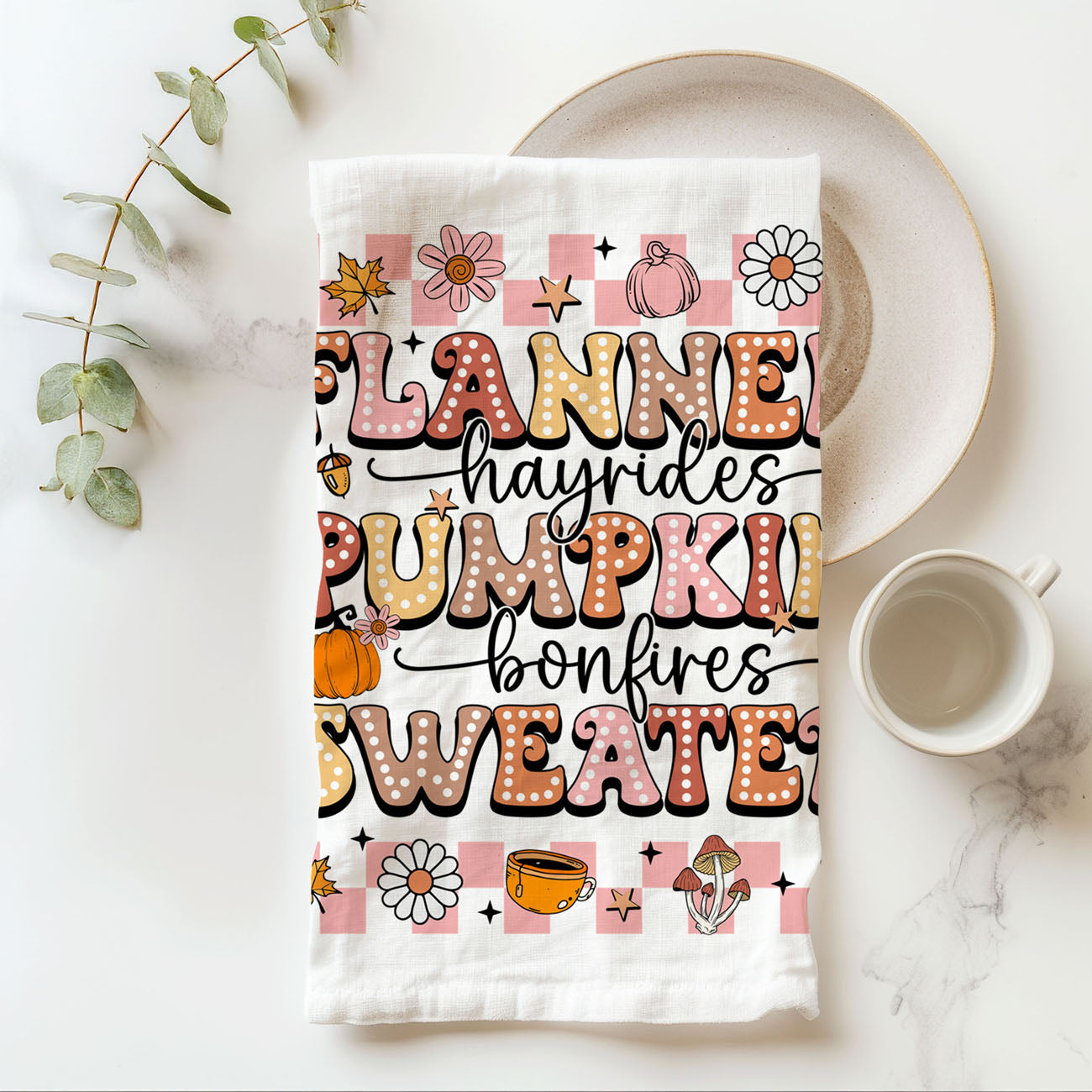 fall kitchen linen with pink groovy letters and icons
soft pink autumn flour sack towel for seasonal decorating
girly fall bar cart towel with pumpkins and coffee cup print
pink fall decor kitchen towel with retro design
cute pink halloween and fall dish towel gift