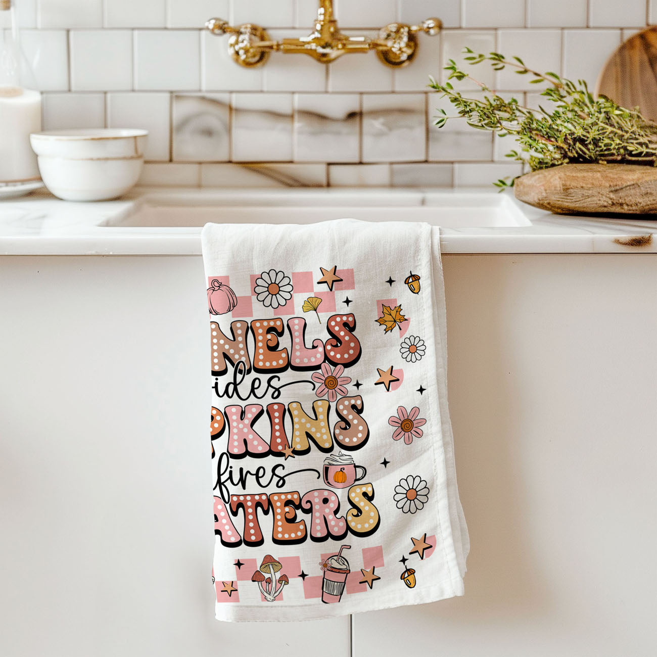 pink fall kitchen towel with retro lettering
girly autumn flour sack towel for cozy kitchen décor
pink aesthetic fall dish towel with pumpkins and daisies
retro pastel fall tea towel for pumpkin spice lovers