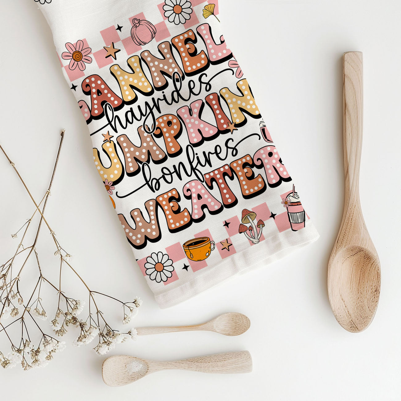 pink and orange fall kitchen towel for cozy autumn décor
cute fall towel with flannels hayrides bonfires sweaters quote
girly autumn dish towel for pumpkin spice coffee bar
retro pink fall flour sack towel for farmhouse kitchen
pink fall kitchen accessory towel for seasonal shelf styling