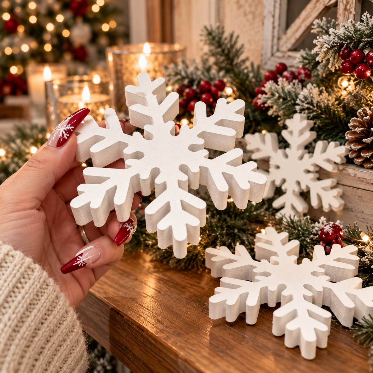 white snowflake Christmas tabletop decorations in cozy holiday living room
woman holding white wooden snowflake Christmas decoration