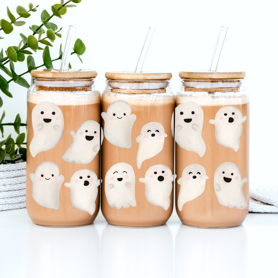 halloween coffee tumbler
cute spooky drinkware set
ghost squad glass tumbler
halloween party drink glass