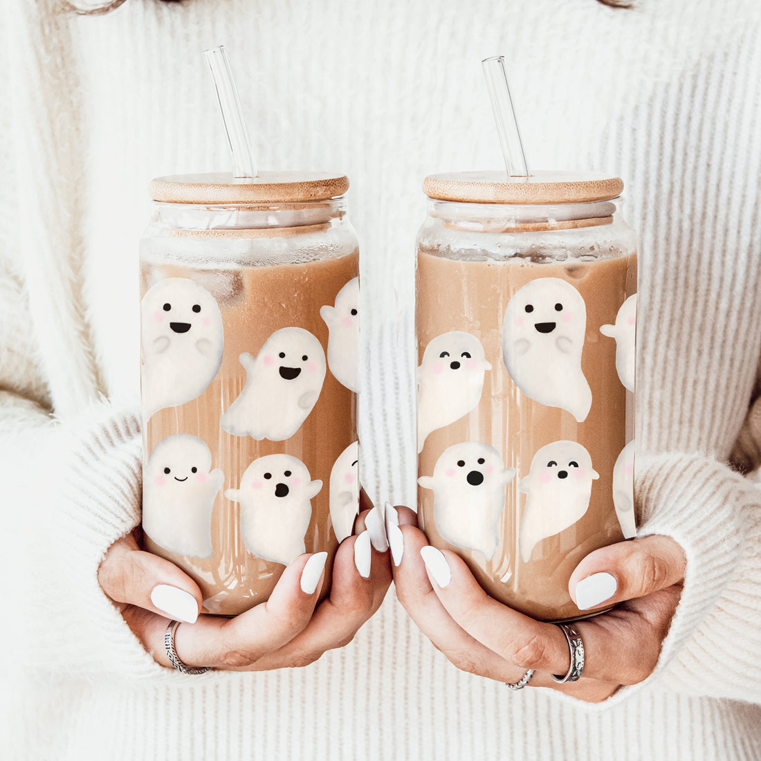 kawaii spooky season cup
ghost pattern tumbler set
cute halloween drinkware
spooky coffee station glass