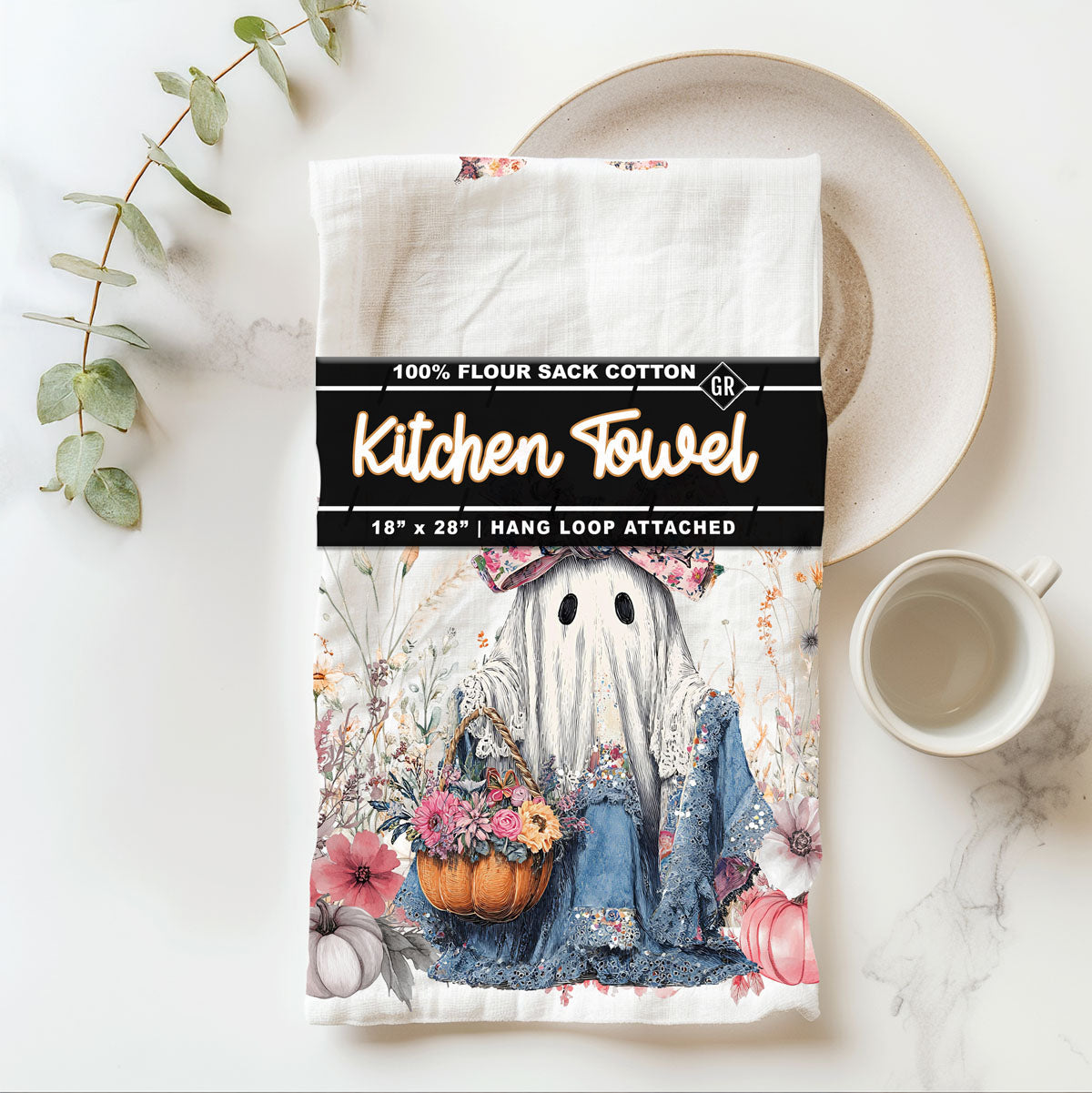 cottagecore floral ghost towel for rustic fall home
pink floral halloween kitchen towel gift for her
ghost in lace and denim towel for shabby chic décor
soft pink pumpkin and ghost towel for fall baking station