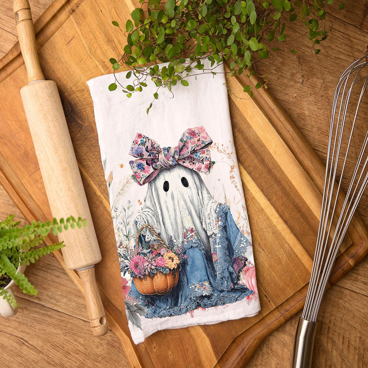 soft pink floral ghost towel for farmhouse fall kitchen
cute ghost holding pumpkin towel for fall hostess gift
floral ghost decorative towel for halloween tiered tray