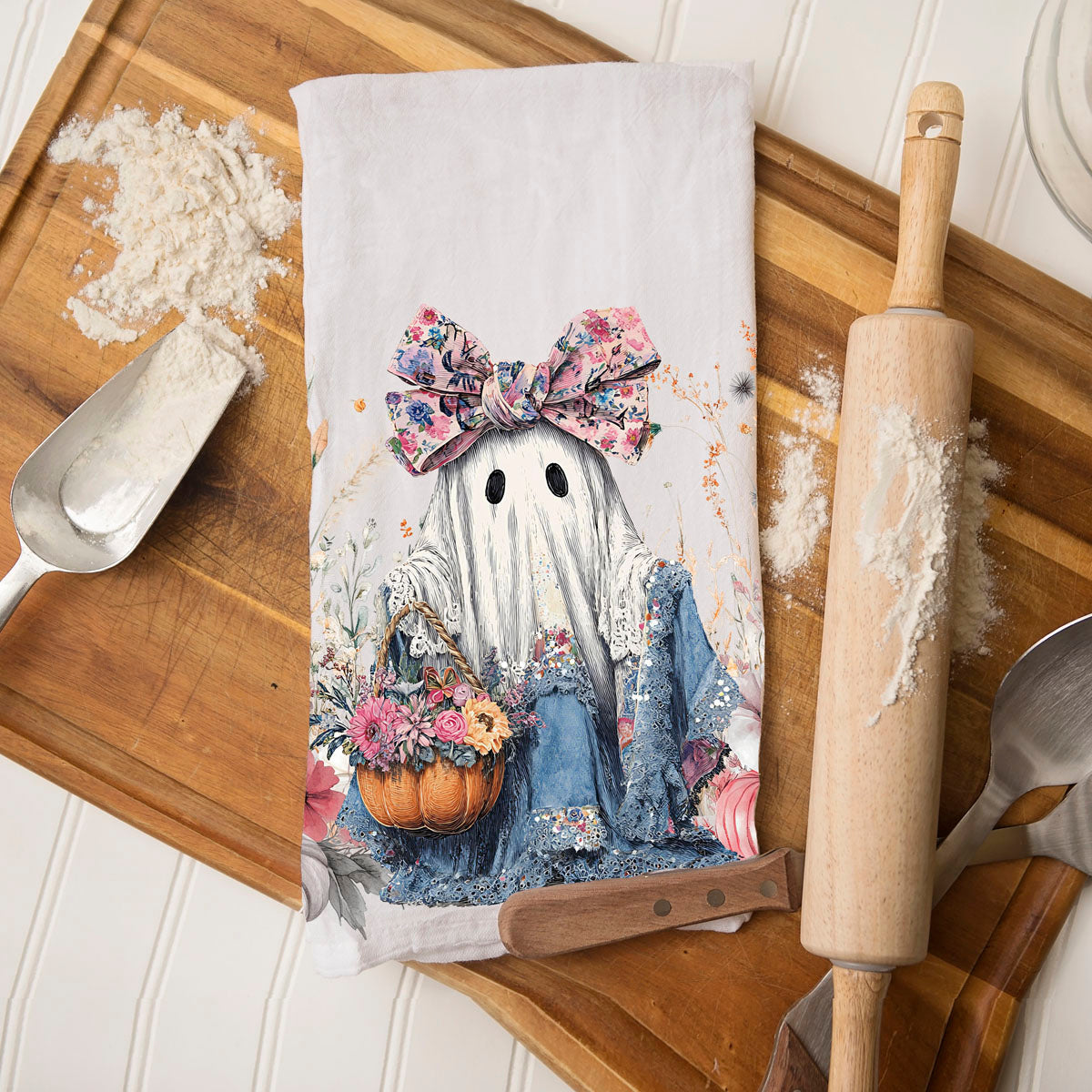 pastel halloween ghost towel for neutral boho décor
pretty ghost and flowers towel for october kitchen styling
pink cottagecore ghost towel for whimsical fall décor