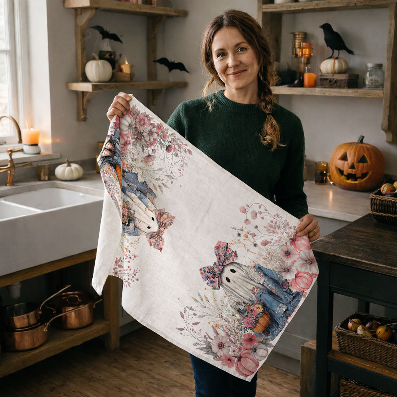 pink floral ghost cotton towel hanging on rustic ladder
cute ghost in dress towel for pastel halloween kitchen
pretty fall ghost towel for instagram worthy coffee nook