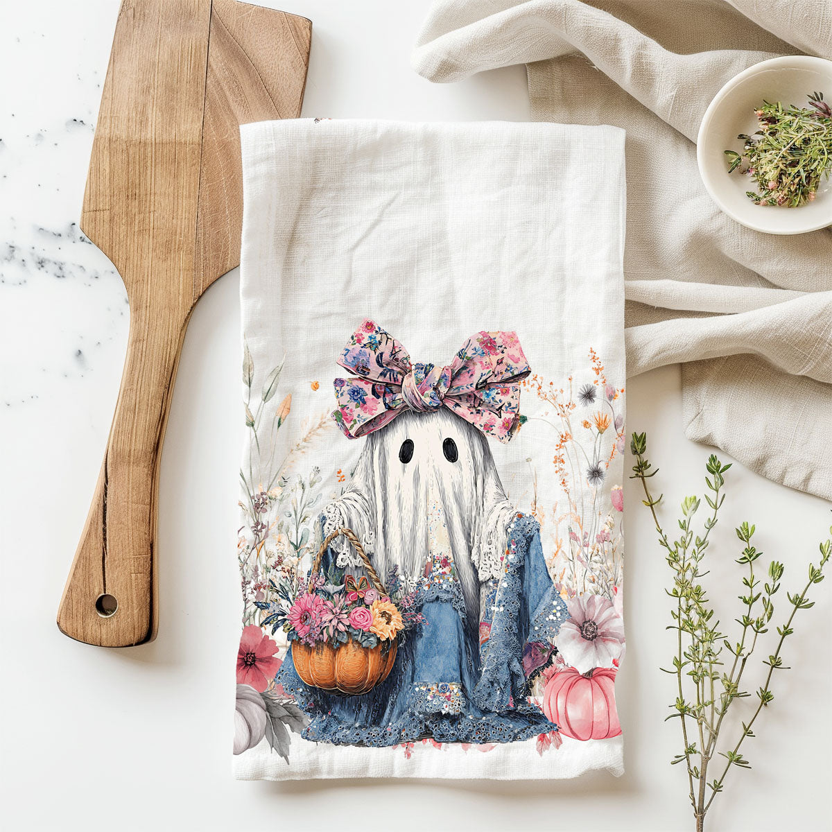 stylish pink halloween towel with floral ghost illustration
romantic floral ghost kitchen towel for autumn entertaining
ghost in floral bow towel for feminine halloween decorating