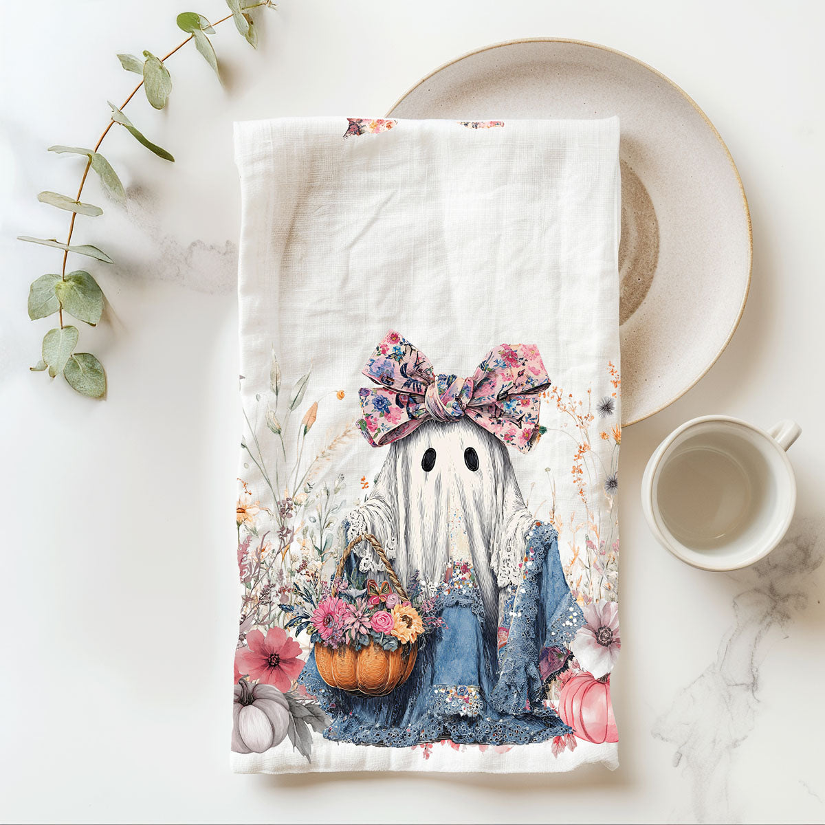 girly halloween hostess gift floral ghost kitchen towel
pastel fall décor towel with cute ghost and pumpkins
boho ghost kitchen towel with flowers and pink accents
whimsical halloween ghost towel for soft autumn décor
floral ghost hand towel for bathroom or guest powder room