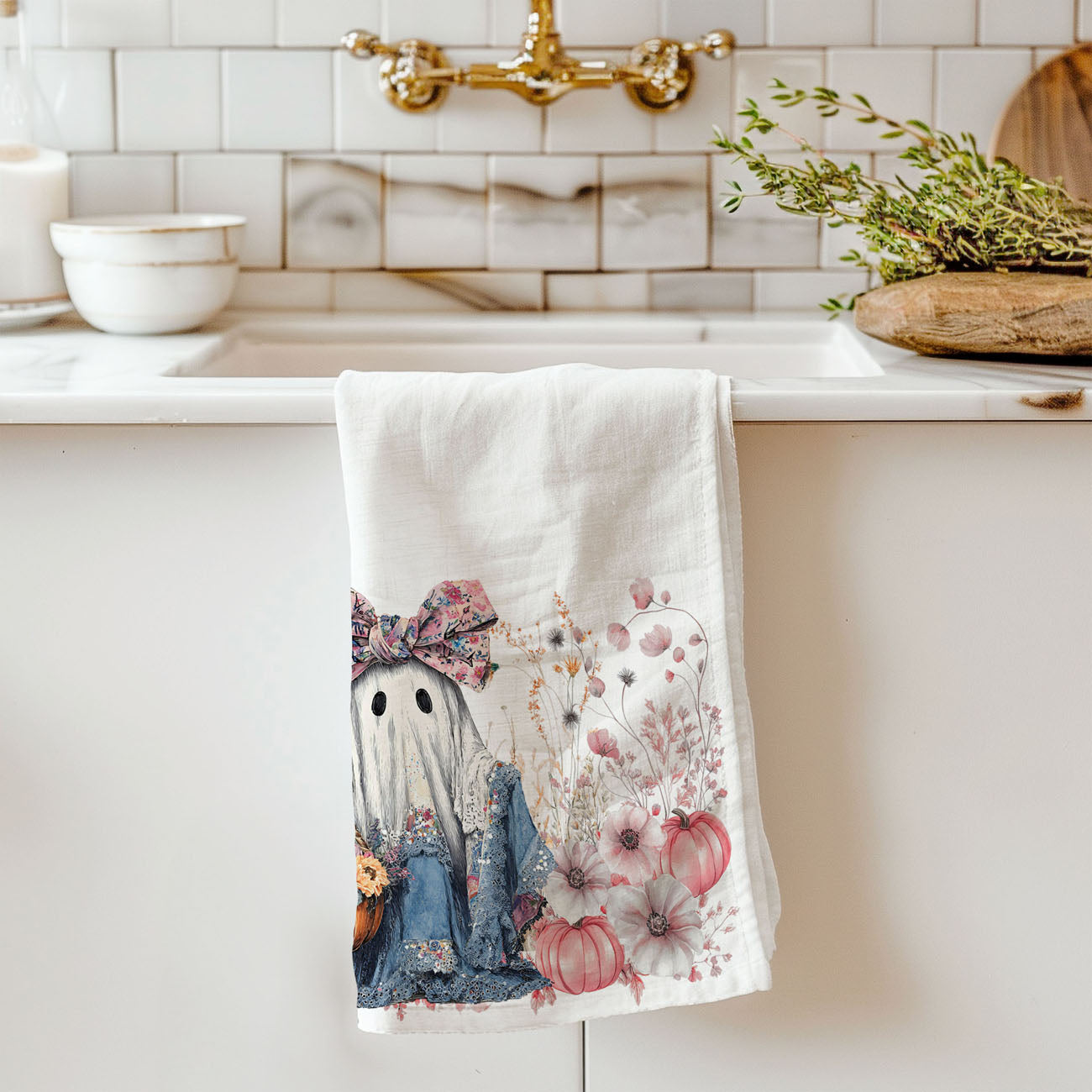 feminine fall kitchen towel with pink pumpkins and ghost
pretty ghost dish towel for pastel halloween decorating
pink and floral halloween towel for farmhouse kitchen
aesthetic ghost tea towel with wildflowers and denim
feminine ghost and pumpkin towel for october housewarming gift