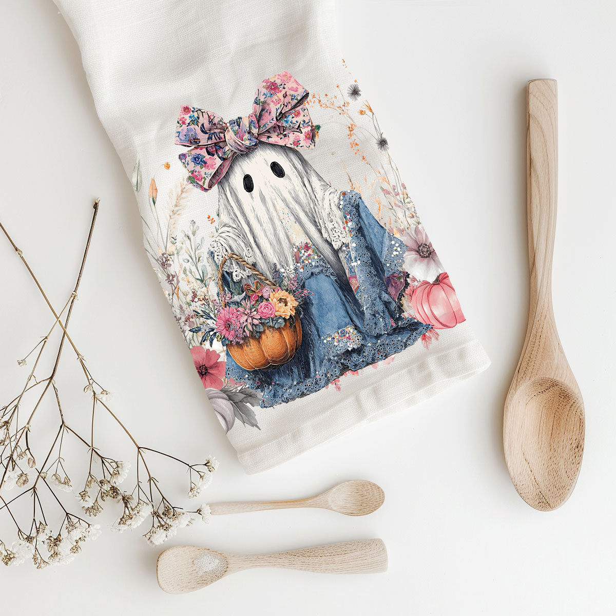pink floral ghost kitchen towel paired with rose gold décor
girly ghost pumpkin towel for tween or teen bedroom décor
soft floral ghost towel unique halloween gift for mom