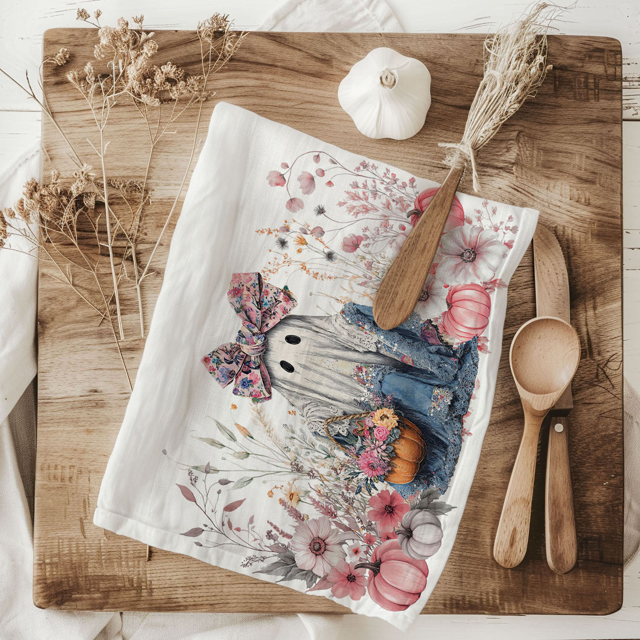 pink bow ghost towel hanging on oven handle
fall floral ghost cotton towel for cottage kitchen
ghost and pumpkin floral wreath style dish towel
romantic halloween kitchen towel with lace denim ghost
aesthetic pink ghost towel for influencer style fall décor