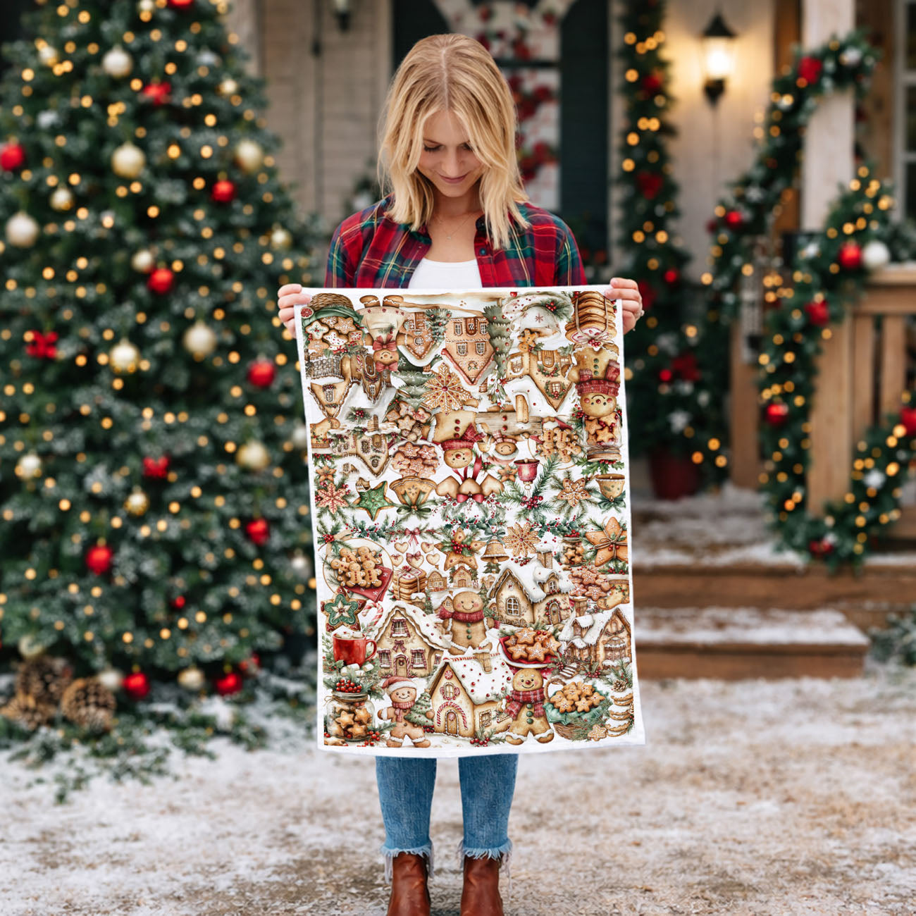rustic Christmas baking towel gingerbread houses
farmhouse holiday cookie kitchen towel
country style Christmas kitchen towel baking theme
cozy cottage kitchen Christmas towel
rustic holiday kitchen linen cookie design