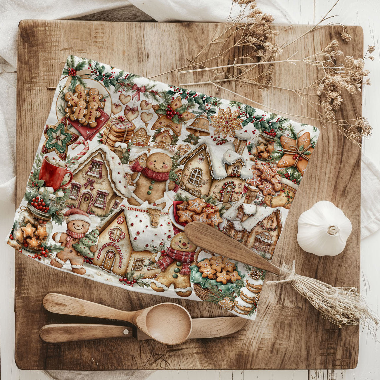 woman holding gingerbread Christmas kitchen towel
holiday kitchen towel lifestyle Christmas decor
Christmas baking towel styled home kitchen
gingerbread Christmas towel flat lay farmhouse kitchen