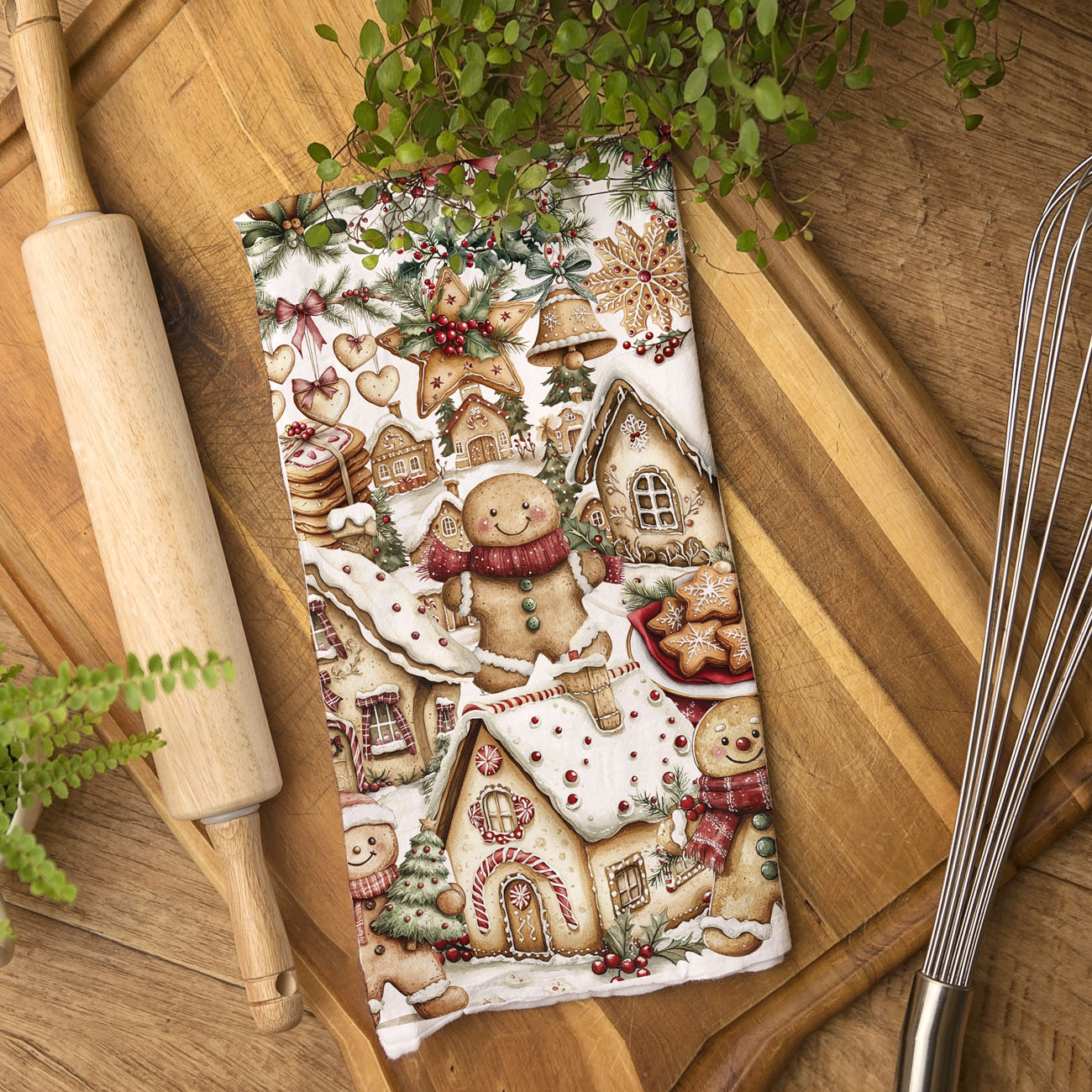 Christmas towel styled on wooden cutting board kitchen
festive kitchen towel with baking props display
holiday towel flat lay rustic kitchen styling
Christmas kitchen linen with gingerbread artwork
cozy holiday kitchen scene with baking towel