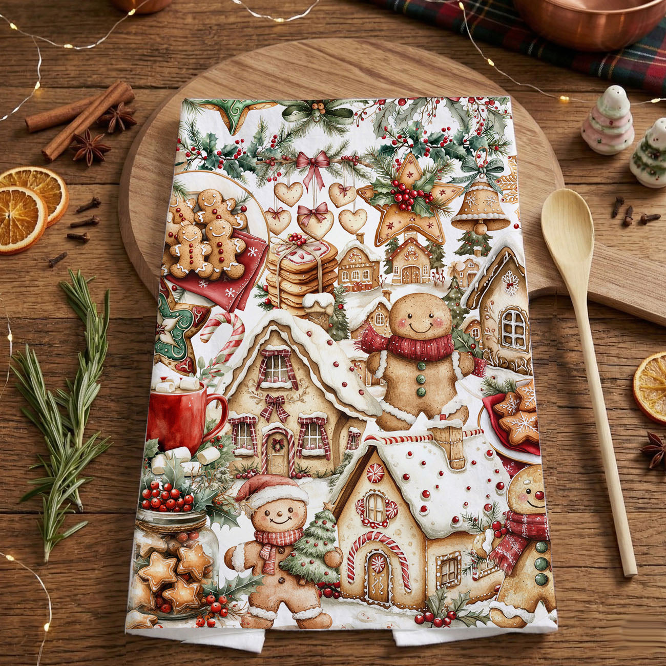 Christmas towel displayed with baking utensils
festive kitchen towel styled farmhouse decor
holiday baking towel with neutral kitchen background
Christmas kitchen towel with rustic wood styling
festive towel display cozy kitchen setting