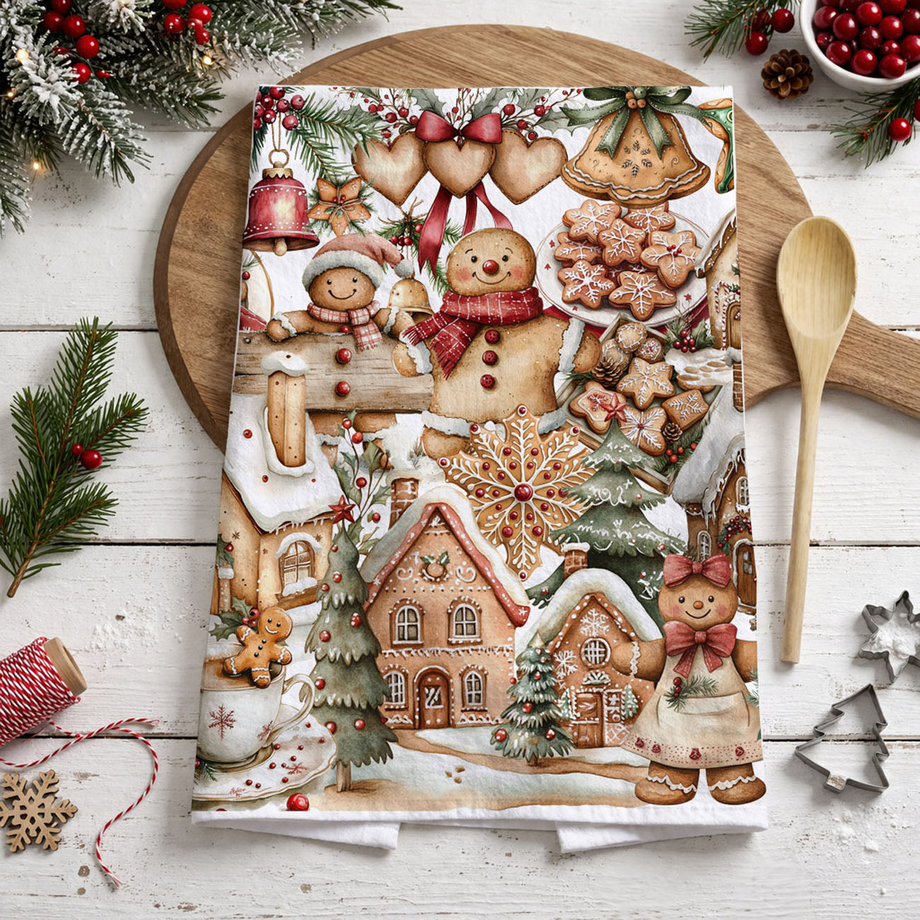 Gingerbread Christmas Kitchen Towels – Cute Holiday Dish Towel, Cookie Village Decor, Festive Baking Tea Towel Gift for Women