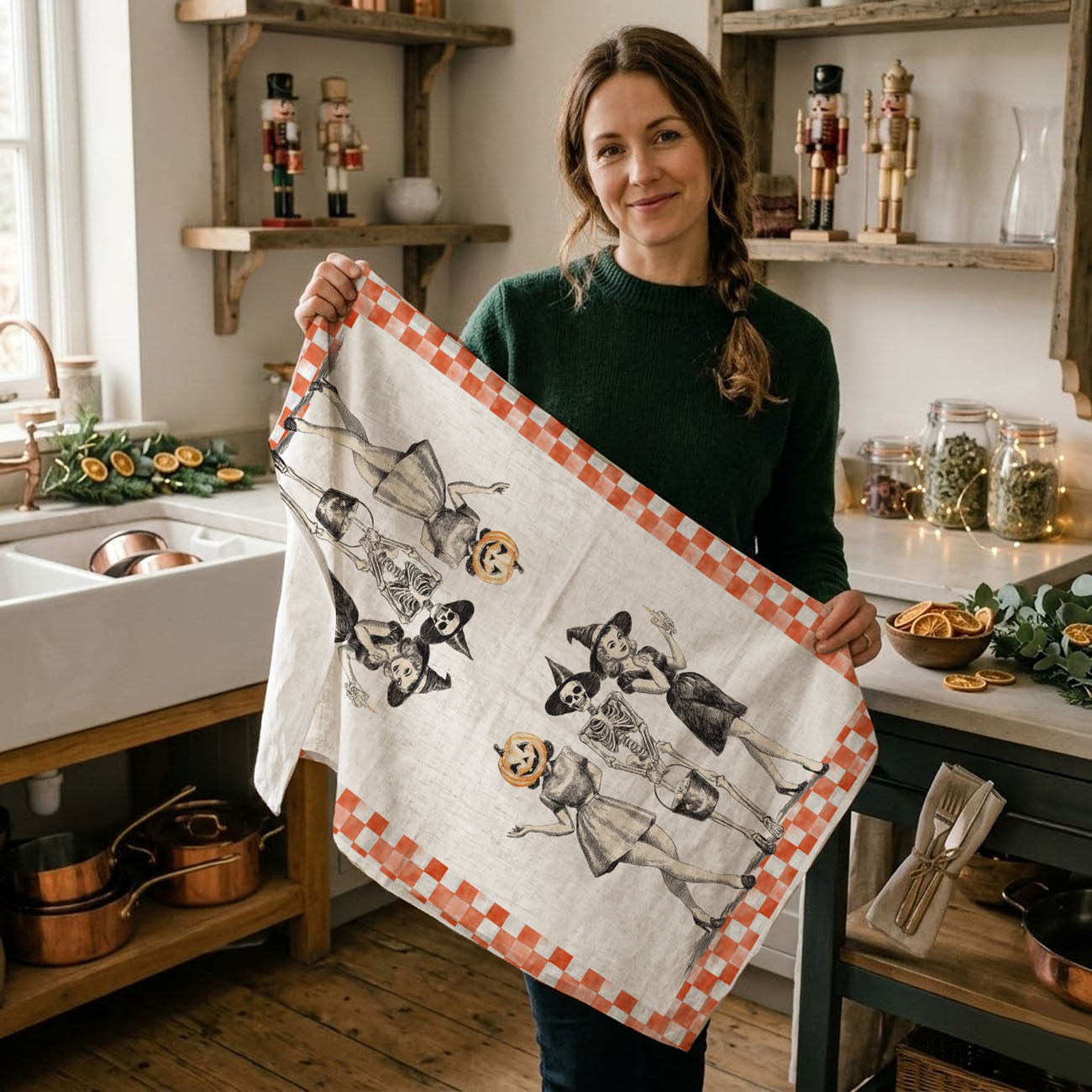 retro halloween kitchen décor towel with skeleton carrying candy bucket
vintage inspired halloween women towel for spooky season
old fashioned halloween towel with pumpkin head lady and witch